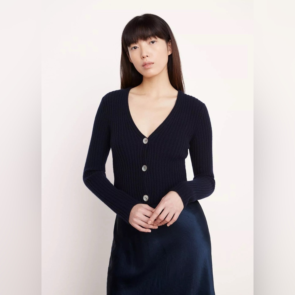 Nwt $445 Vince Cashmere Ribbed Button-Front Cardigan In Blue